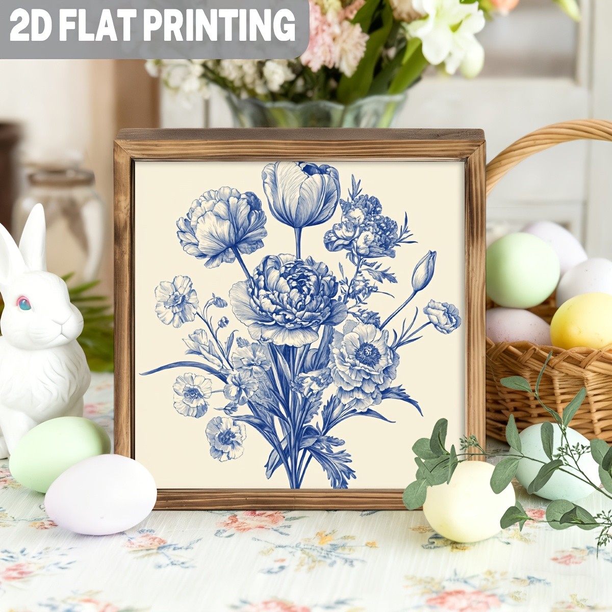 Vintage Blue Floral Bouquet Wooden Sign Rustic Farmhouse Decor for Bedroom Gift