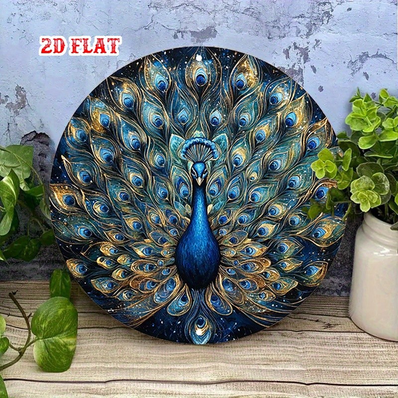 Decorative Metal Sign Luxurious Peacock with Blue and Gold Feathers Wall Art