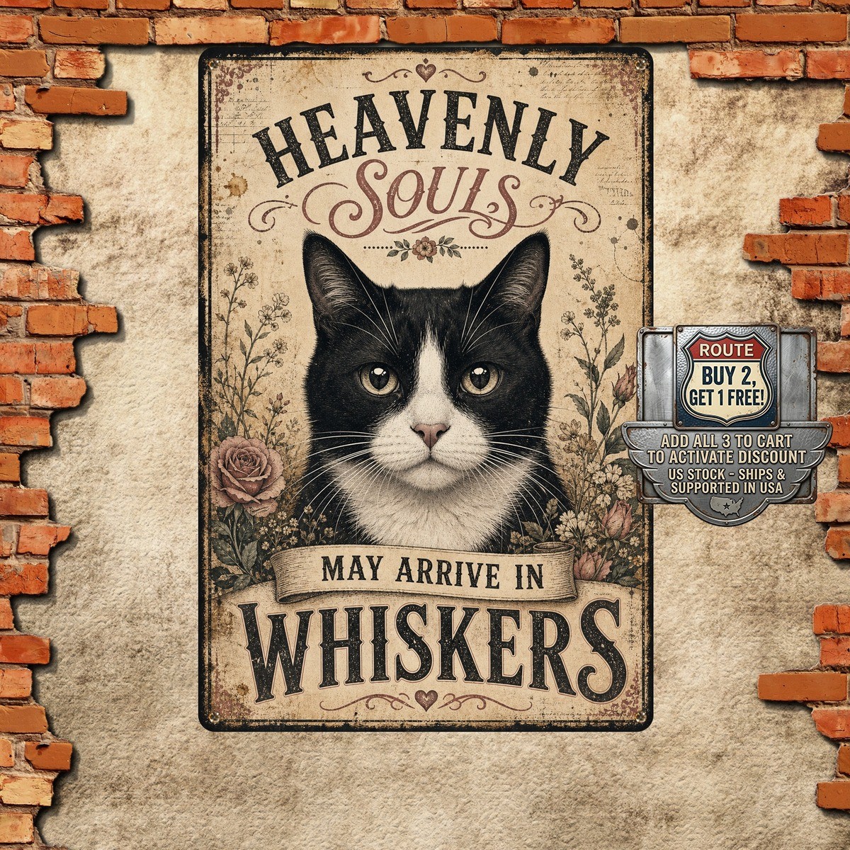 Tuxedo Cat Angel Wings Memorial Rest In Peace Pet Loss Metal Sign 8×12