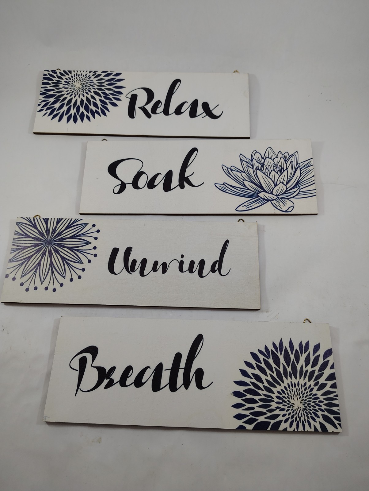 Bathroom Wall Decor, Relax, Unwind, Breath, Soak, Blue and White 9 3/4 x 4 In