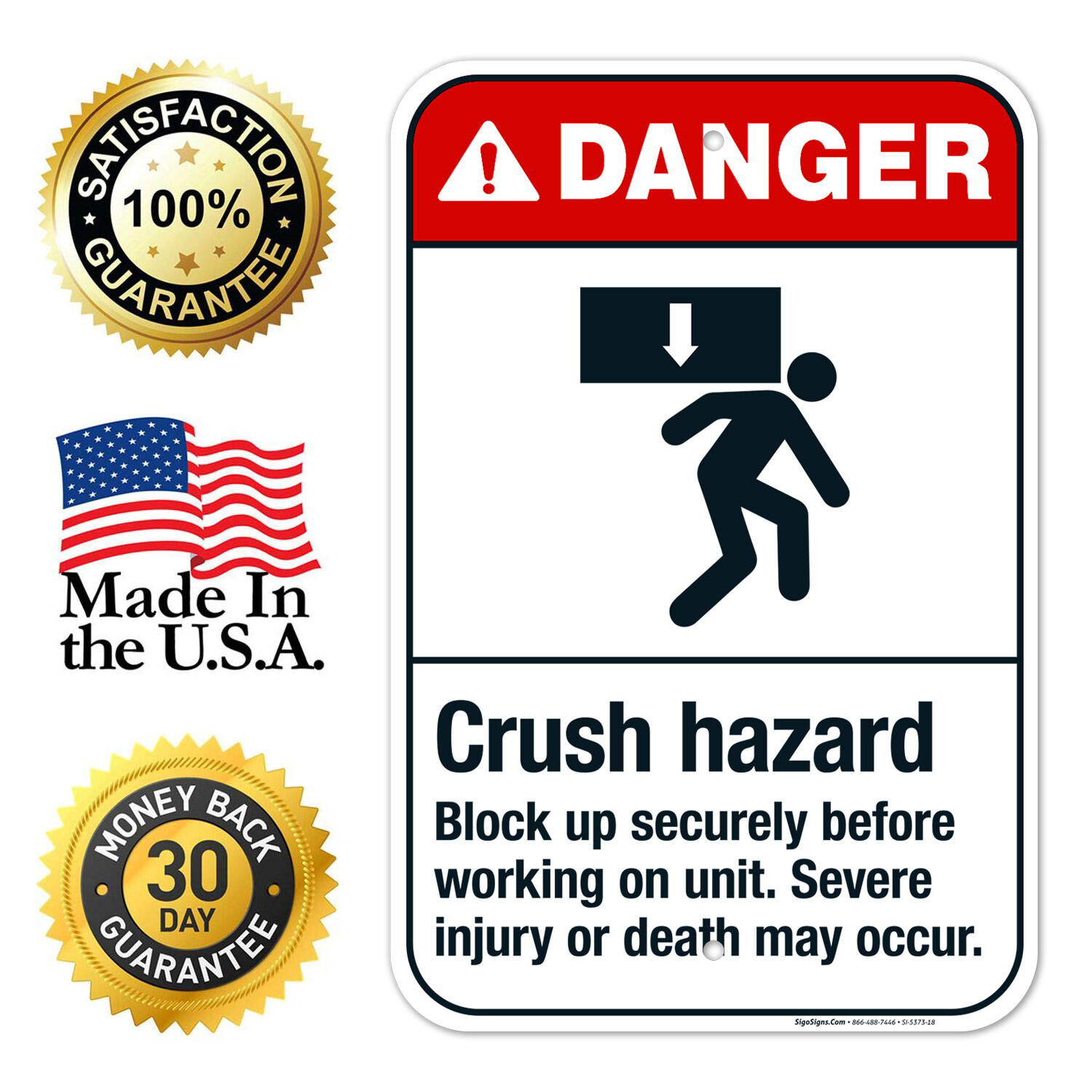 Crush Hazard Block Up Securely Before Working On Unit Sign, ANSI Danger Sign,