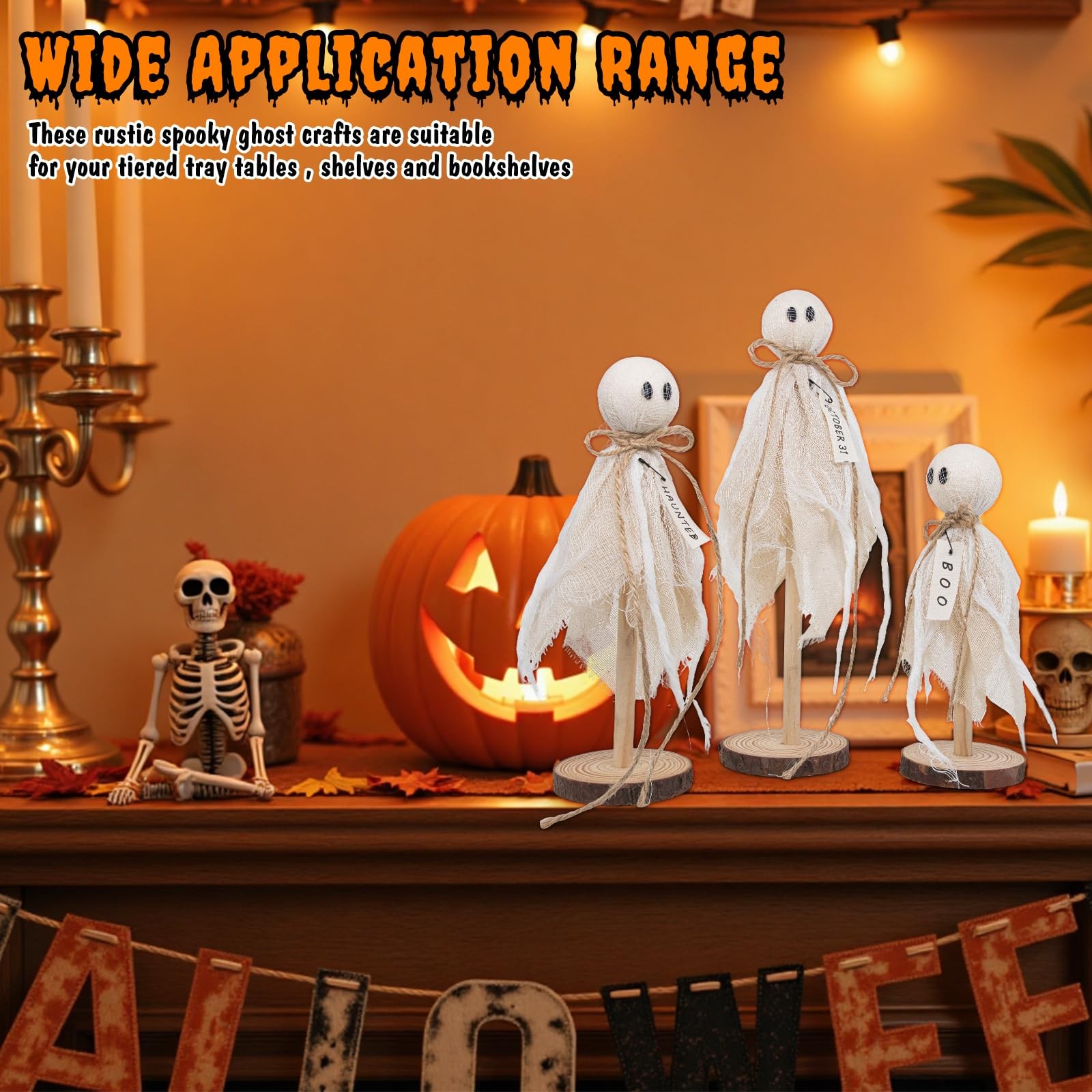 Wooden Ghost Halloween Decorations Indoor– Set of 3 Sizes Rustic Shelf White