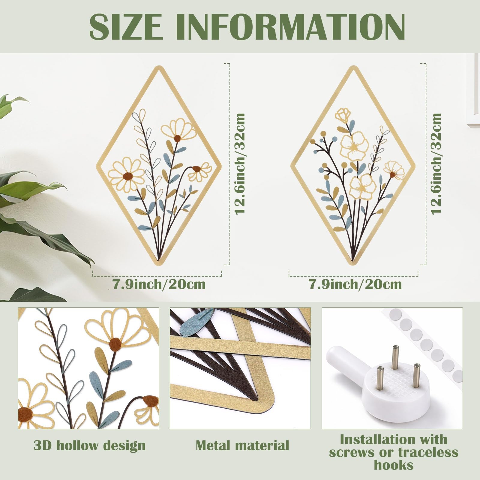 2 Pcs Metal Wall Art, Metal Flower Wall Decor, Modern Floral Art for Living R…
