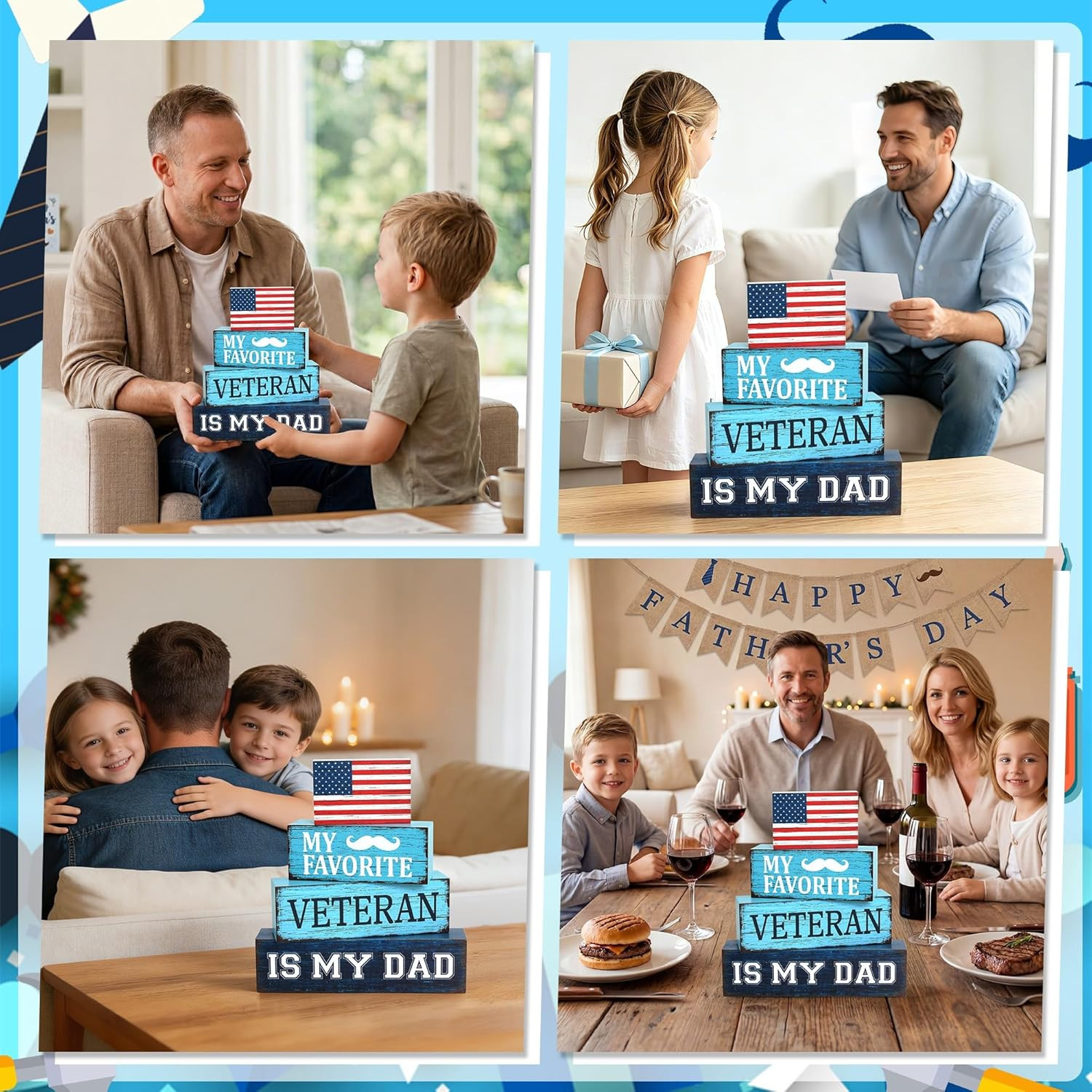 4 Pcs Dad Veteran Wooden Tiered Tray Decor, Father Day Decorations Gifts for Hom