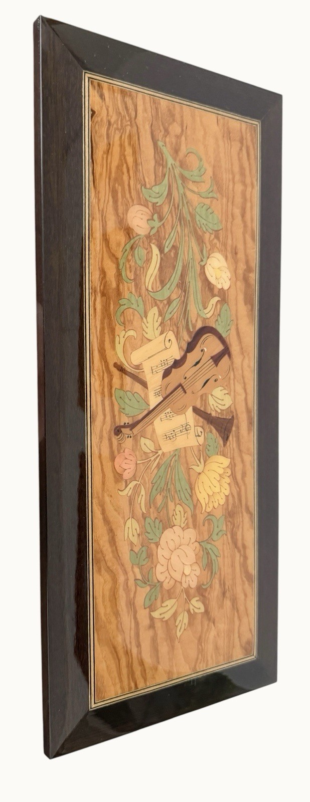 Vintage Italian Marquetry Wall Art Carved Wood Inlay Floral Violin Handcrafted