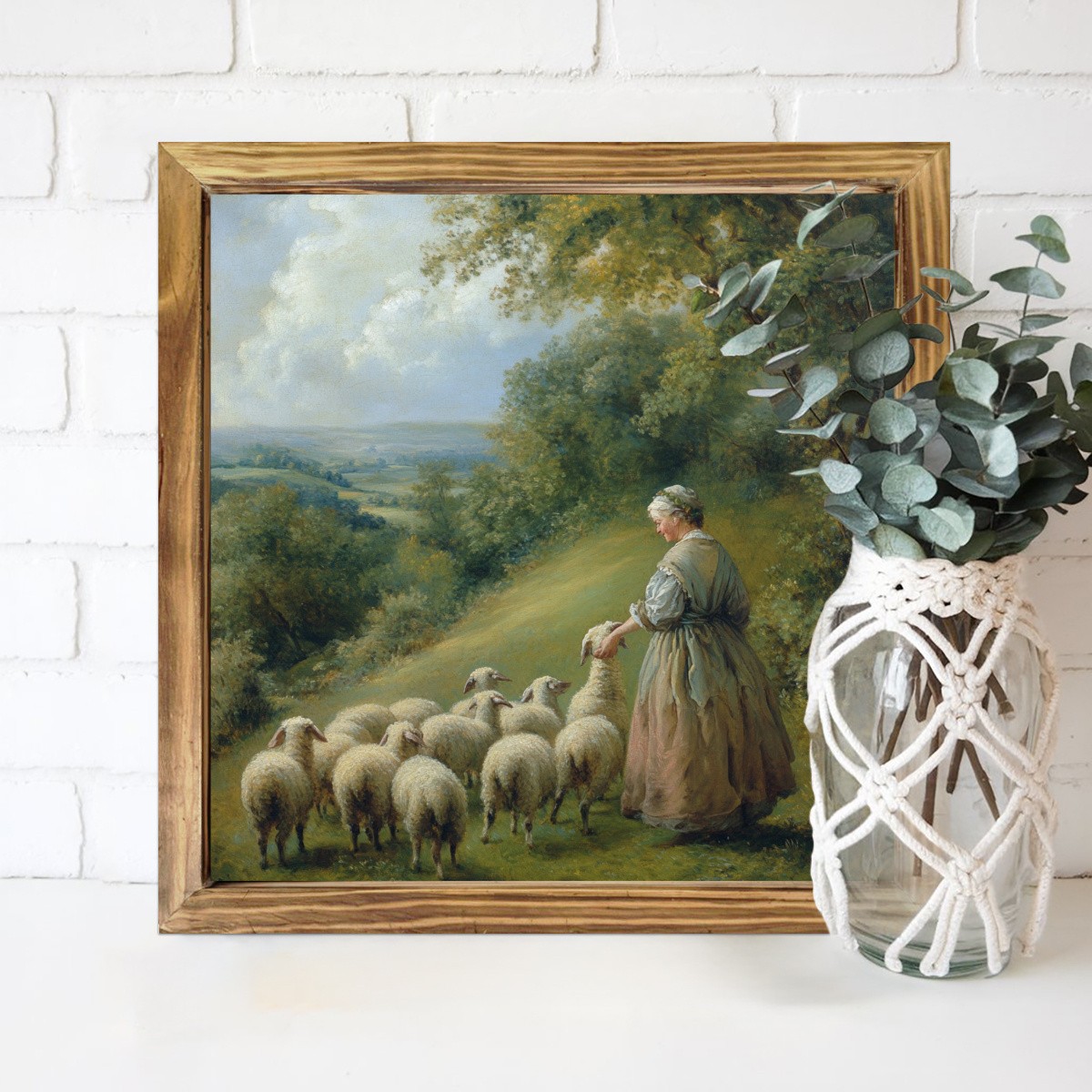 Rustic Sheep Herder Oil Painting Wooden Plaque Vintage Farmhouse Wall Art Decor