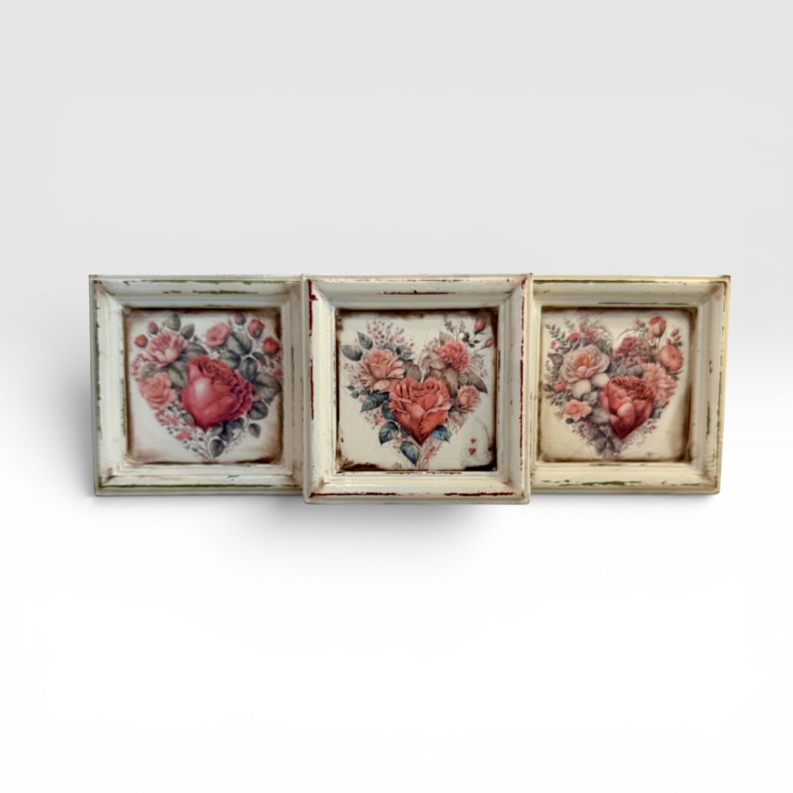 Set of 3 Vintage Shabby Chic Roses & Heart Wall Hangings Hand Painted Upcycled