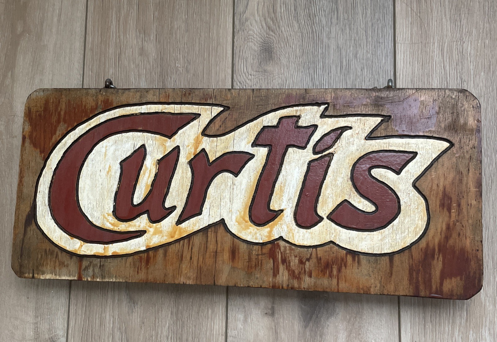 Rustic Wood Metal Hanging Double Side “CURTIS” Sign Brown Red/Yellow 18.5”L,8”H