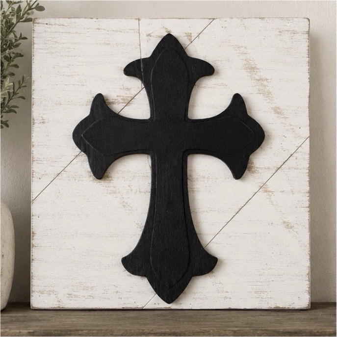 Rustic Distressed White Wood Wall Plaque, Black Cross, Square Horizontal