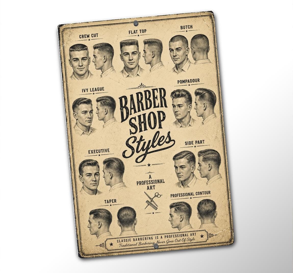 Barber Shop Styles Metal Sign, Vintage Barber Chart Wall Decor, Classic Haircuts