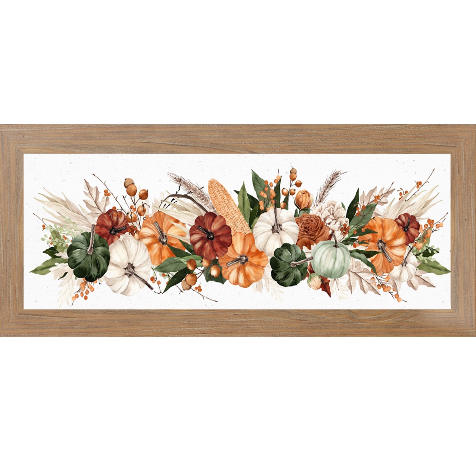 Harvest Wide Landscape Fall Framed Wall Art Watercolor Pumpkin Corn Wheat Farmho