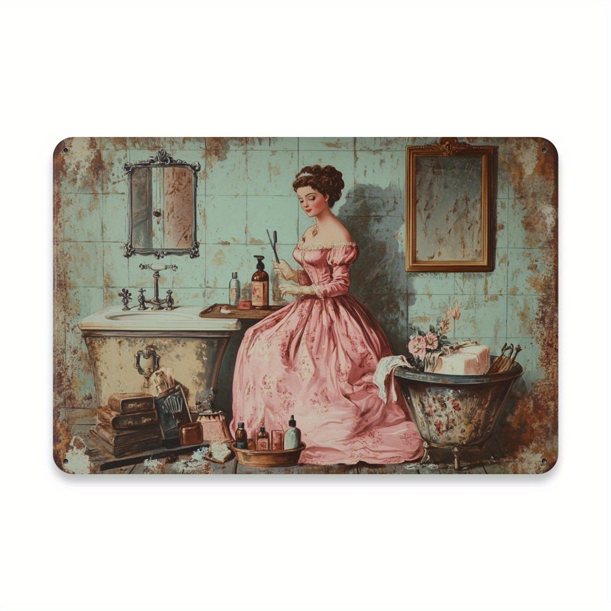 Vintage Victorian Lady Bathroom Scene Tin Signs Retro Home Bath Wall Art Decor