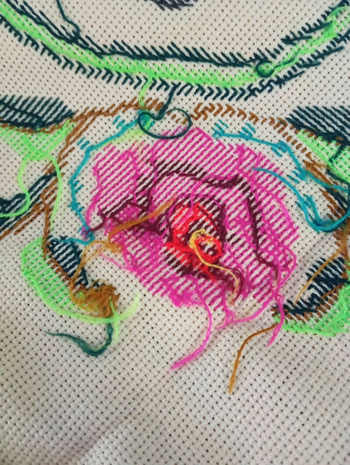 Antique Beige Wall Plaque,Hand Embroidered With Beautiful Fuchsia And Green Rose