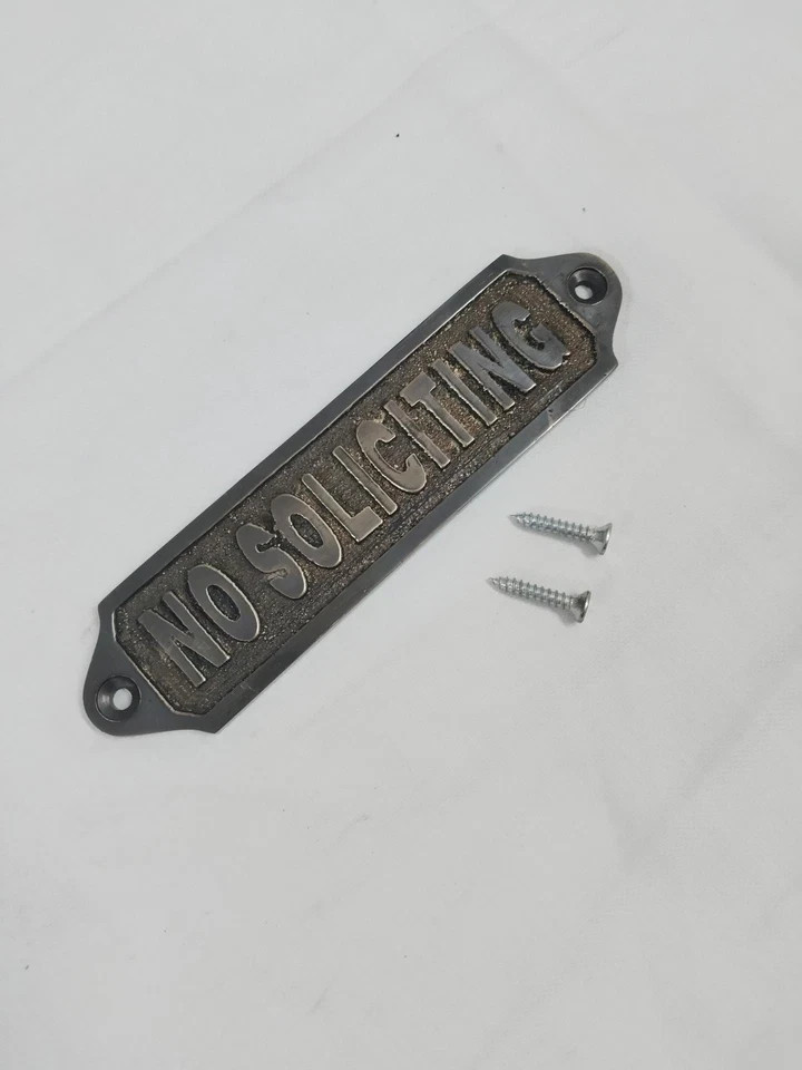 Vintage Solid Brass No Soliciting Door Sign Plaque Antique Nautical Decor