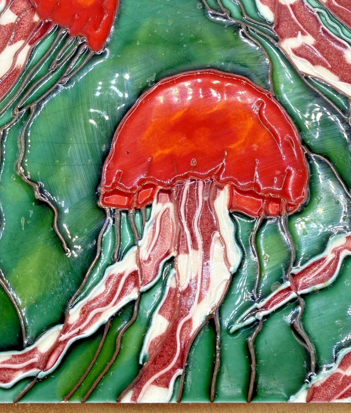 Colorful Art Tile Red Jellyfish Sea Life/Ocean Decorative Ceramic Signed 8″X8″