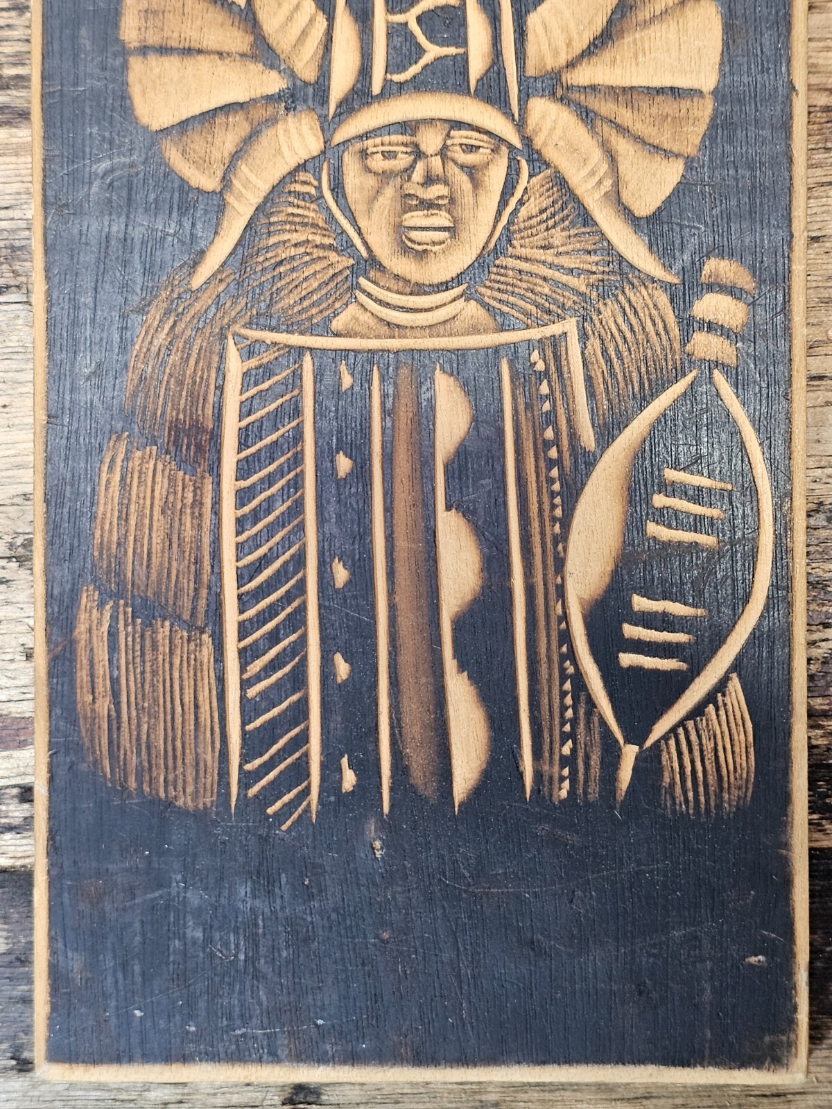 Hand-Carved Zulu Warrior Wooden Wall Plaque Southern African Folk Art 12″ x 5.5″