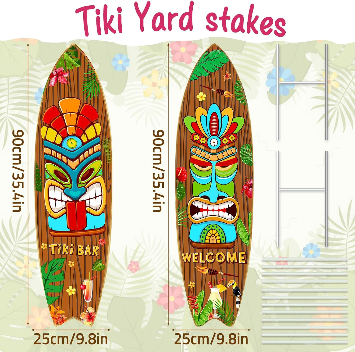 2 PCS Tiki Bar Surfboard Yard Signs Surfboard Beach Signs with Stakes Hawaiian L