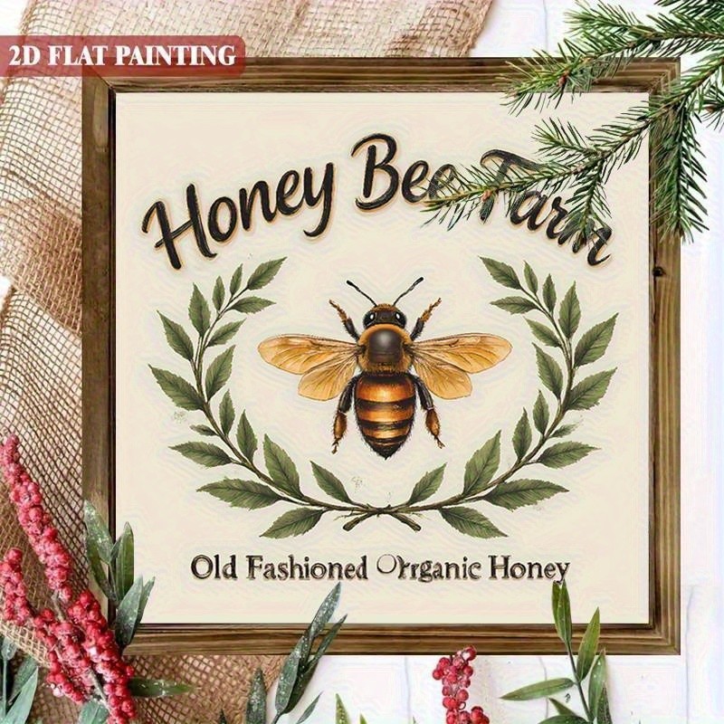 Honey Bee Farm Organic Honey Wreath Square Wooden Plaque Rustic Kitchen Decor