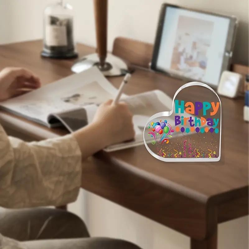 Happy Birthday Acrylic Heart Plaque Confetti Decor Desktop Sign Perfect Gift