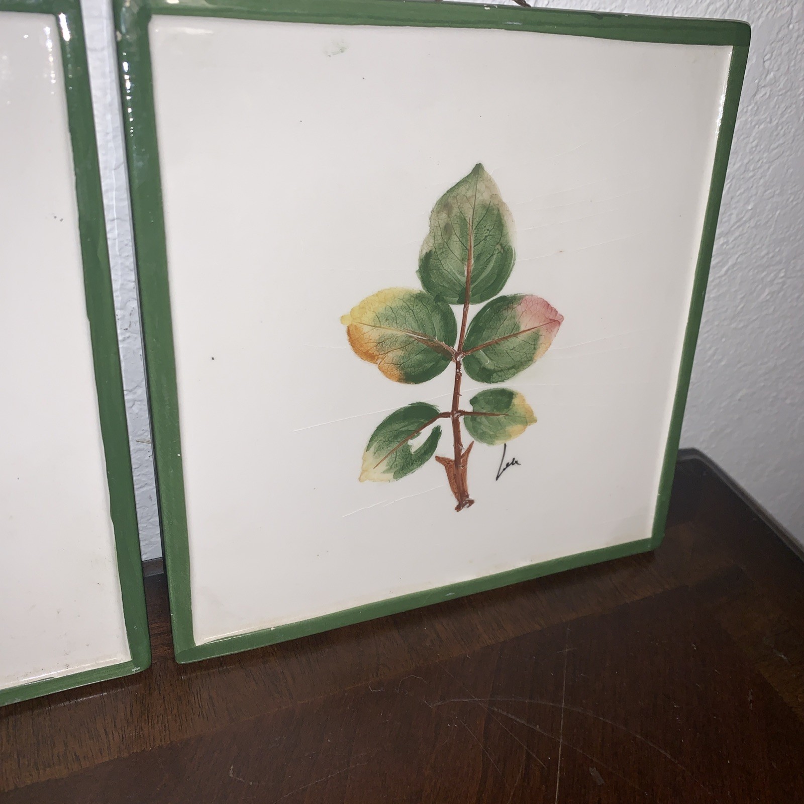 Pair of Vintage Pier 1 Italy Porcelain Wall Tiles Plaques Decor Fall Leaves