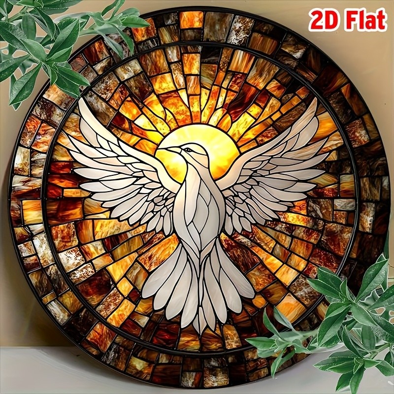 Round 8x8inch (20x20cm) Elegant Holy Spirit Dove Stained Glass Tin Metal Signs