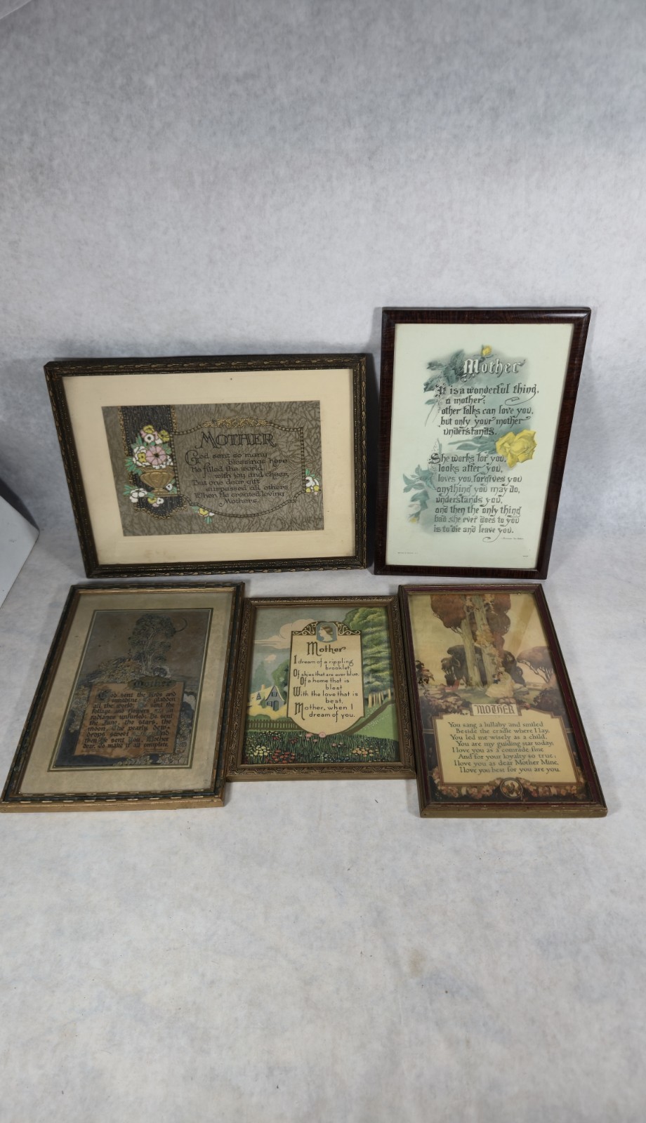 Lot of 5 MOTHER Antique Vintage Art Deco Motto & More Poems Framed SEE PHOTOS