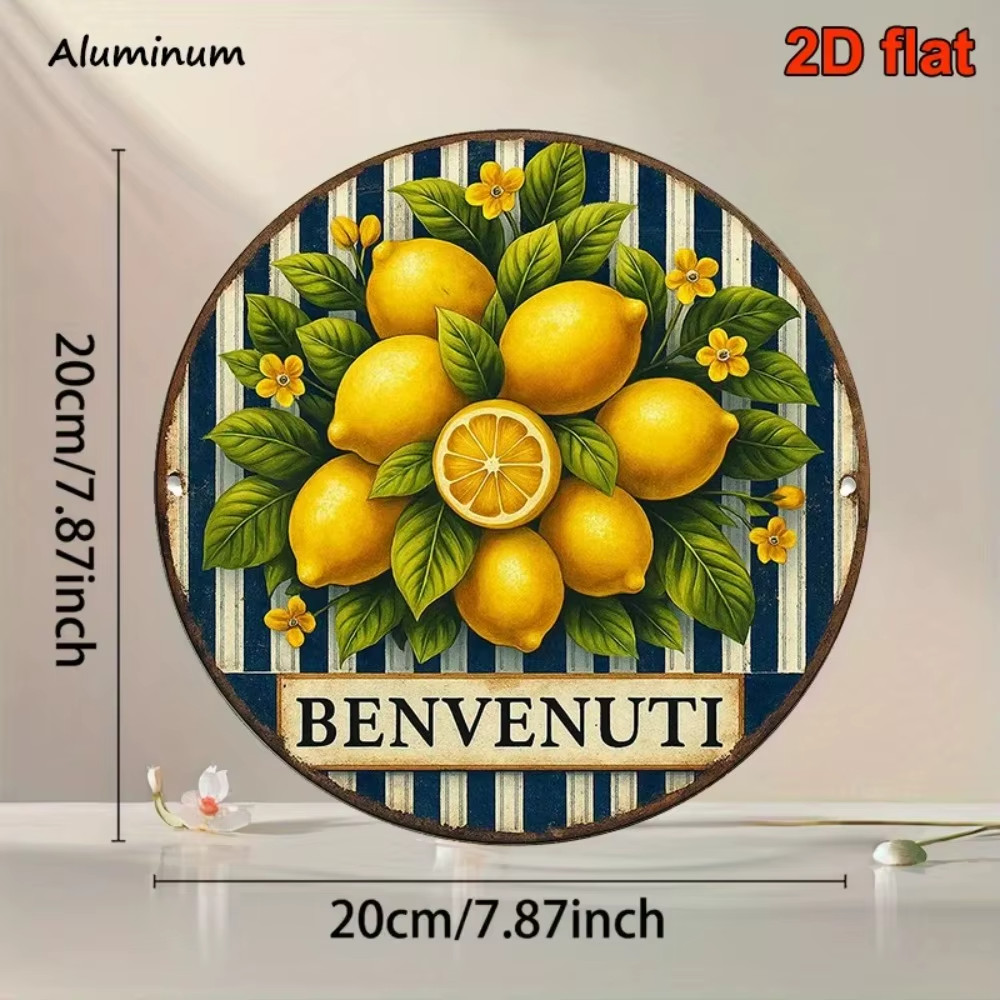 Italian Lemon Welcome Sign – Benvenuti Mediterranean Wall Decor – 7.87” Aluminum