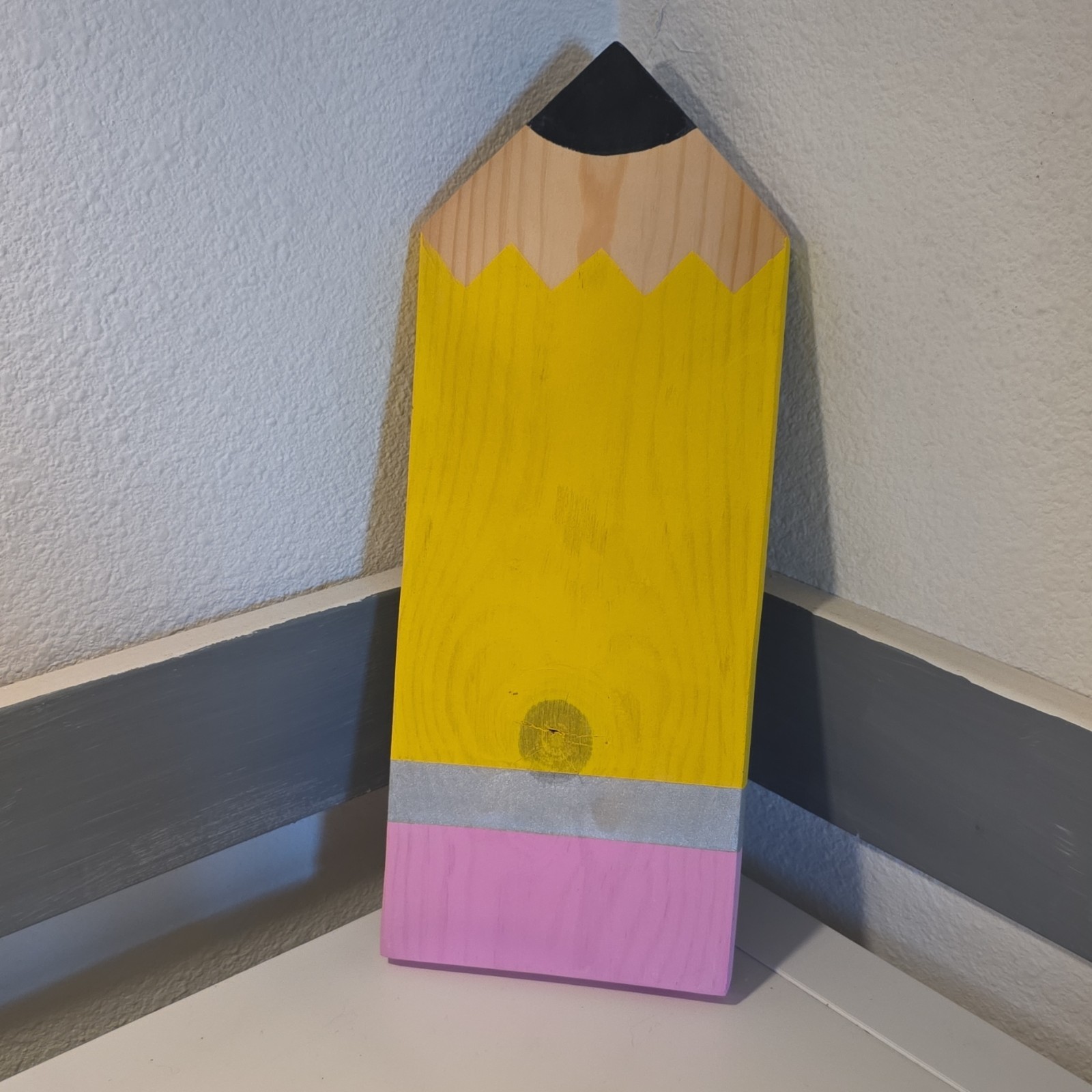 Wood Painted Pencil-Shaped Decorative Plaque Sign, Yellow Pink Gray Black