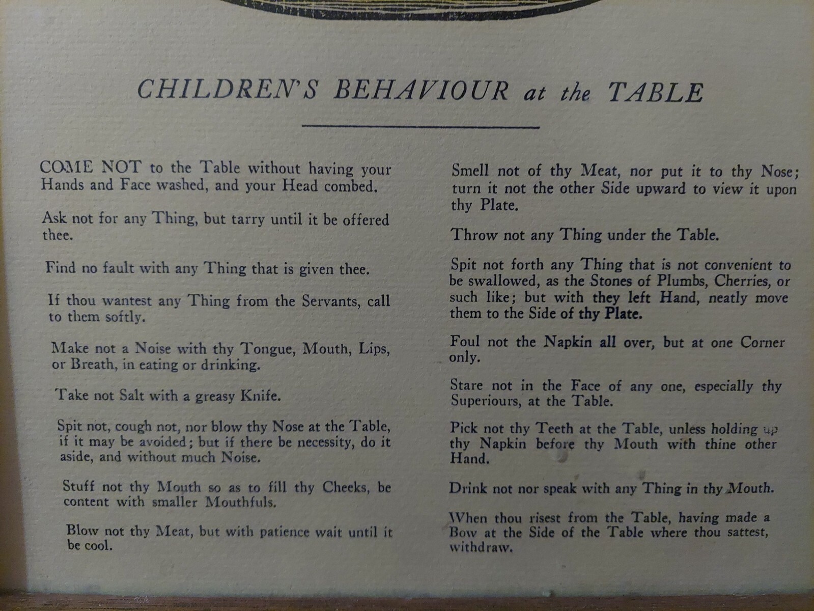 CHILDREN’S RULES FOR BEHAVIOR AT TABLE, 1787 FRAMED PICTURE, KITCHEN, RESTAURANT