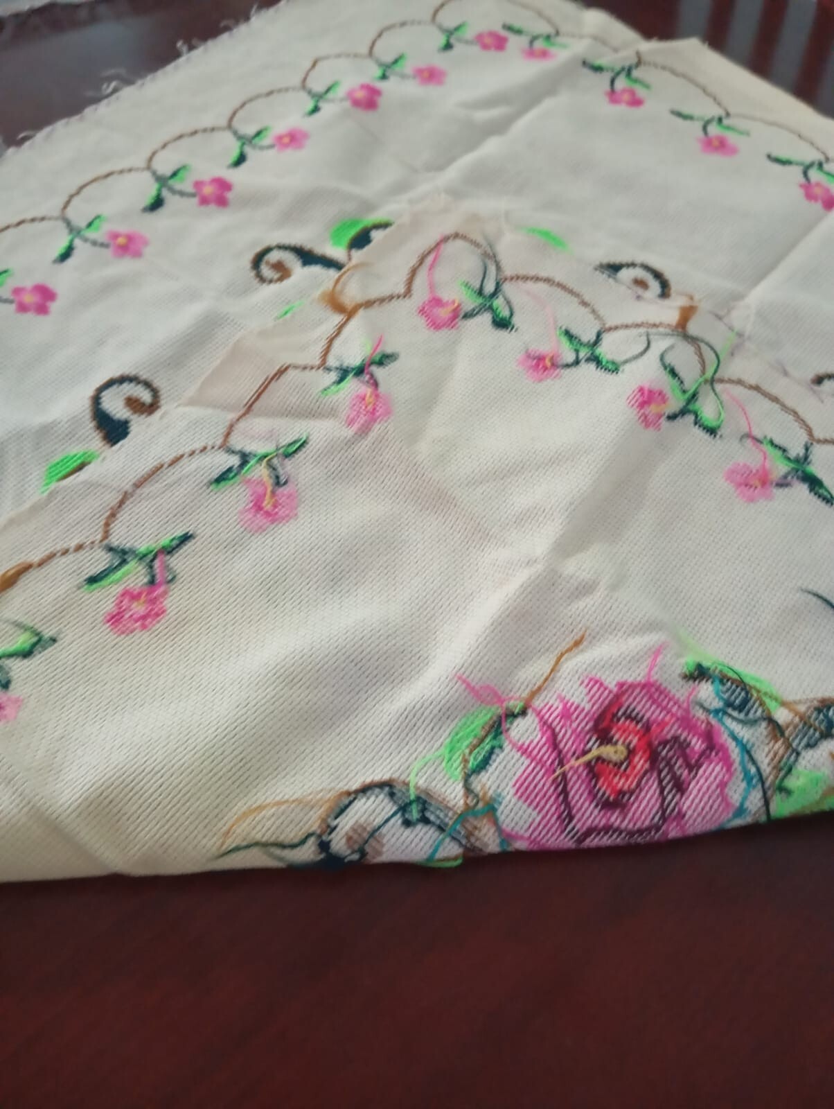 Antique Beige Wall Plaque,Hand Embroidered With Beautiful Fuchsia And Green Rose
