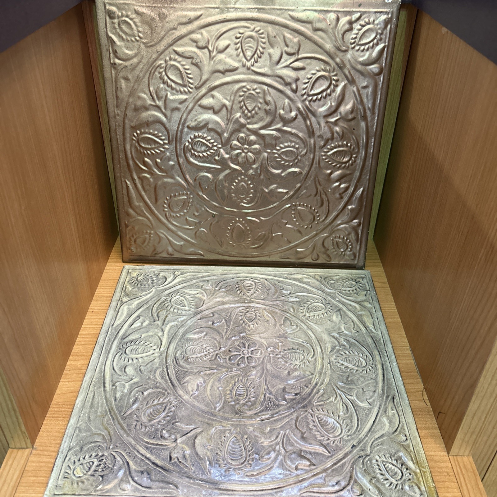 Pair Of Tin Decorative Wall Tiles Hanging 12”x12” 1 Silver And 1 Rose Gold