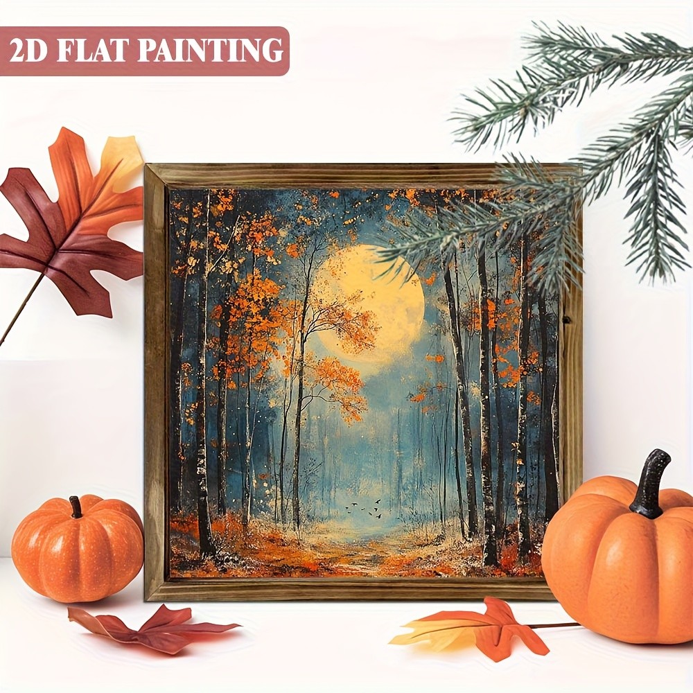 Wooden Frame Print Full Moon Autumn Forest Night Oil Painting Wall Decor