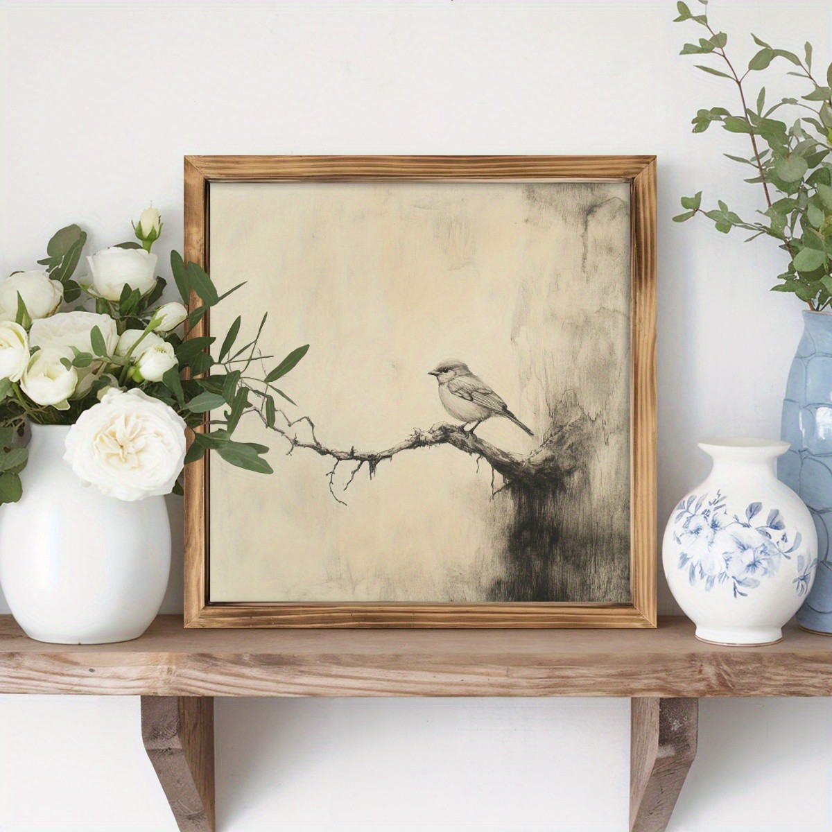 Vintage Bird Sketch Framed Art Retro Woodland Animal Wall Decor for Home Bedroom