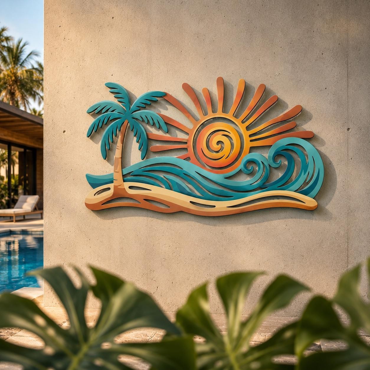 Metal Palm Tree Ocean Wave Sunset Wall Art, Coastal Beach House Decor