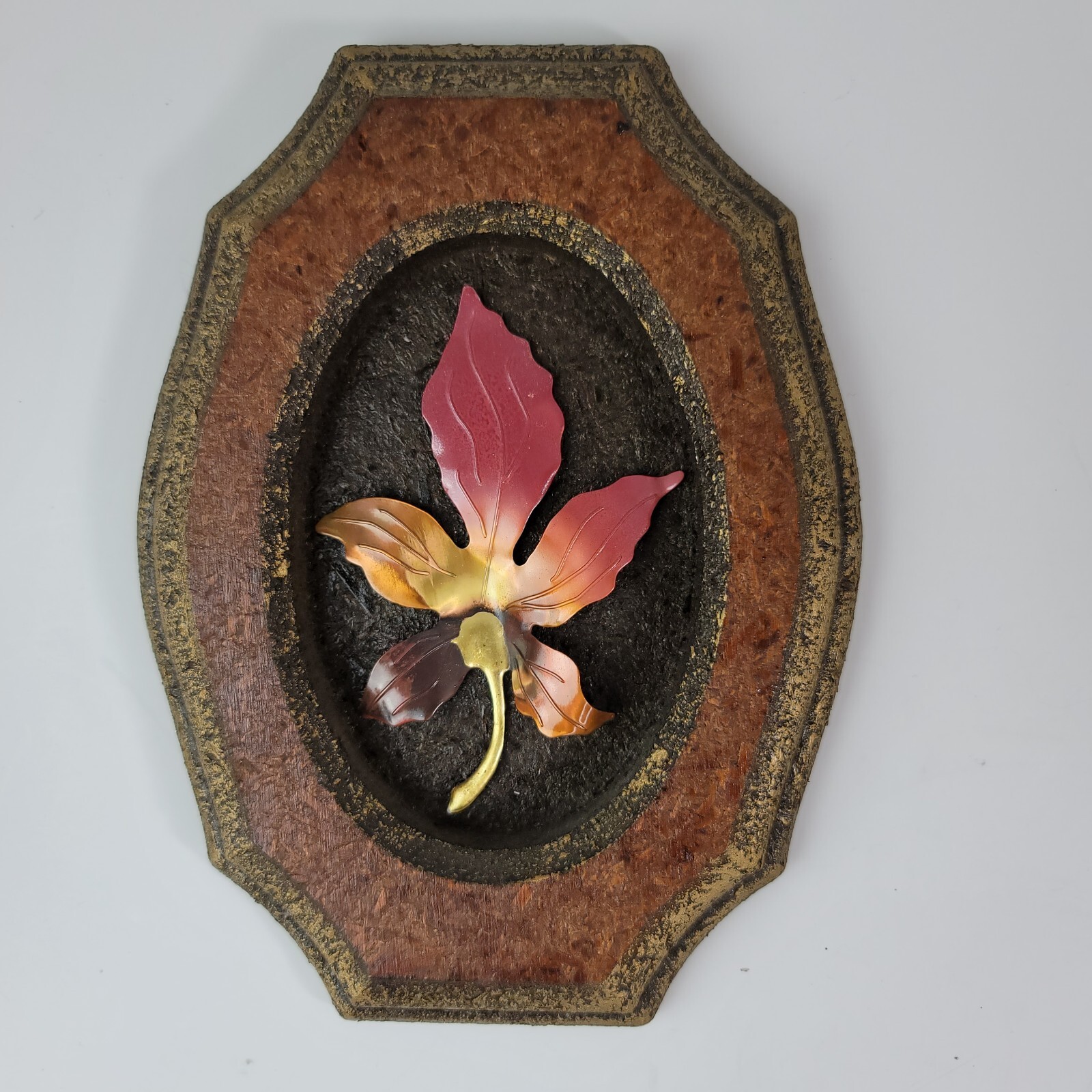 Set of 2 Vintage Mushrooms Leaf Pressed Wood Plaques 3D Copper Gold Tone Metal