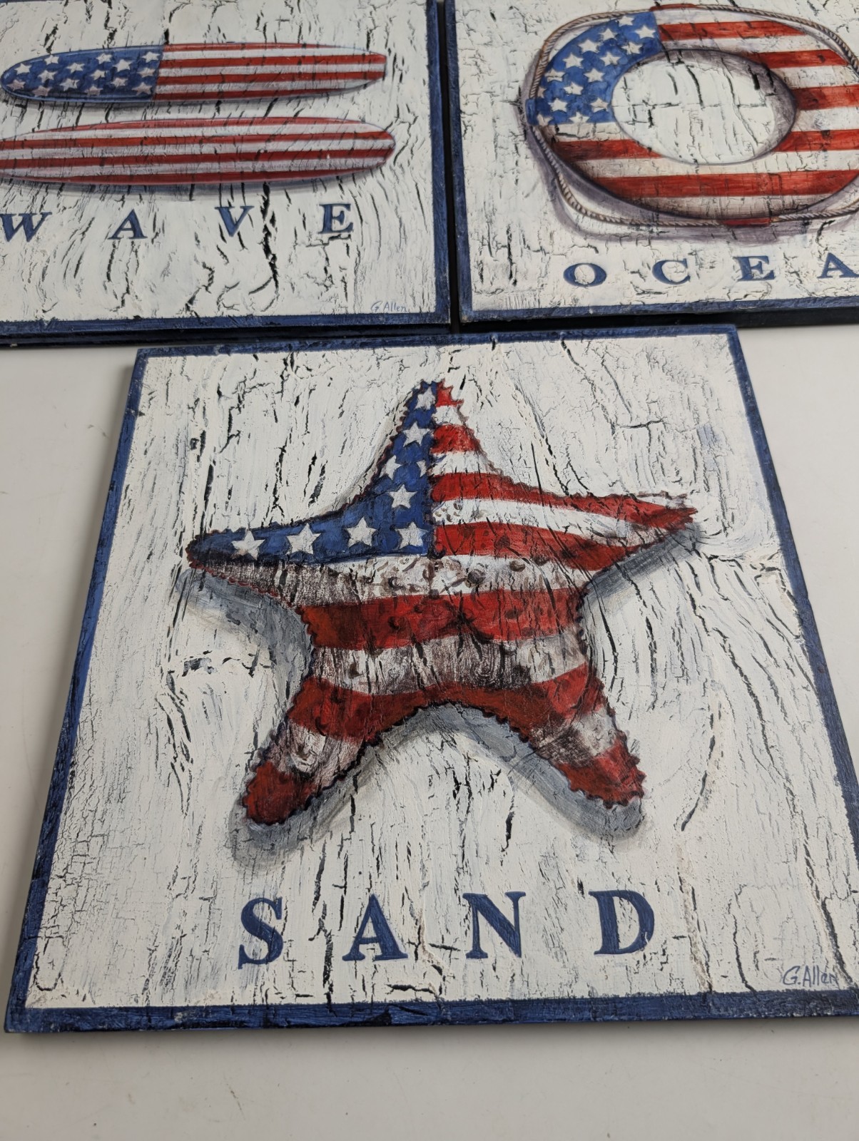 3pc G Allen Patriotic Coastal Wood Wall Art Wave Ocean Sand Americana 12×12