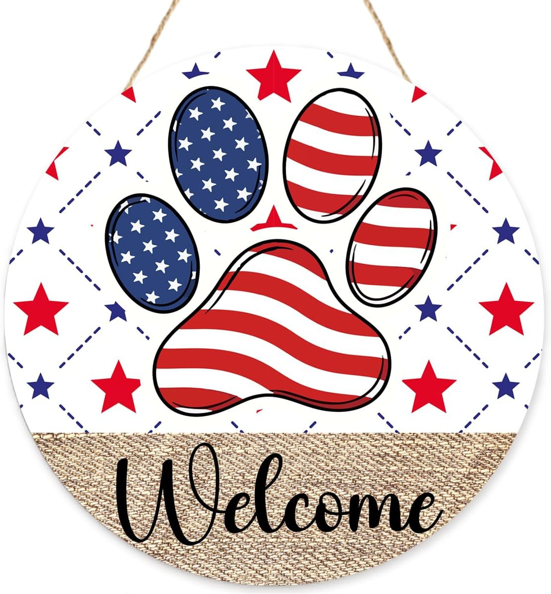 4Th of July Welcome Sign for Front Door,Dog Paw Independence Day Wooden Sign Wal