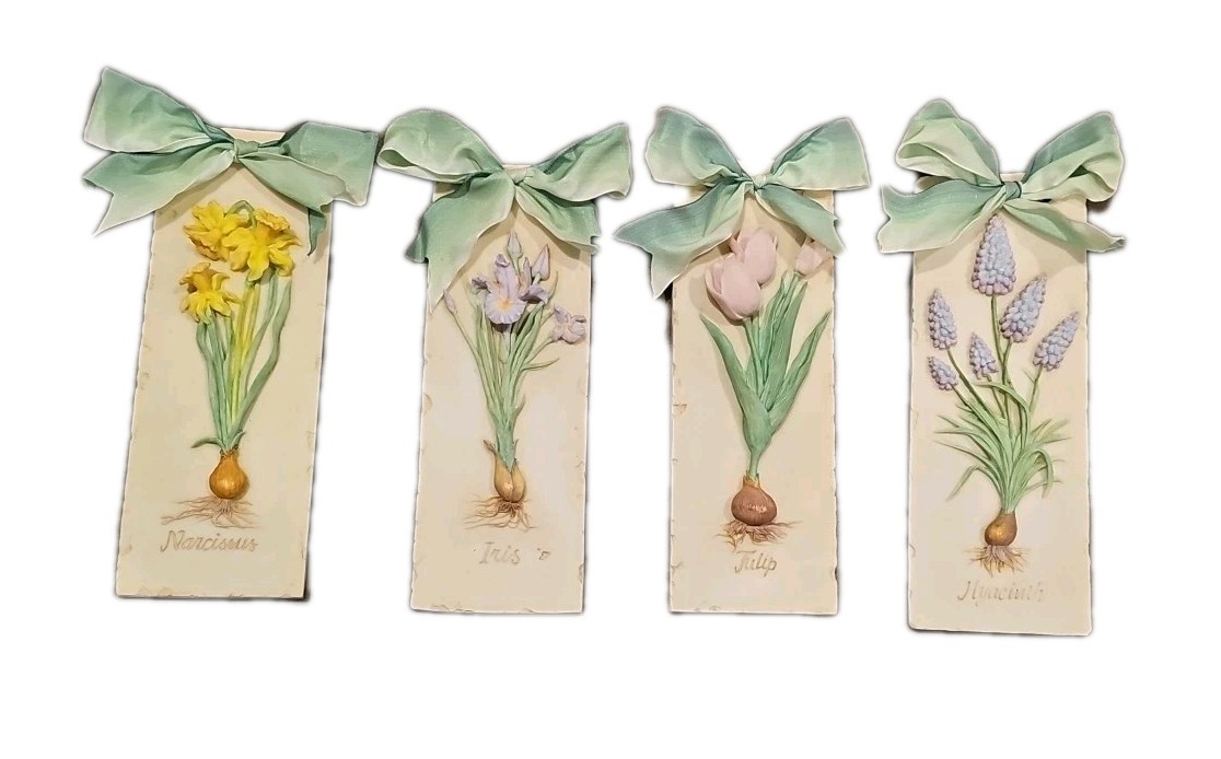 4 Mud Pie 2000 Wall Decor Floral Resin Plaques Hyacinth, Tulip,Irish,Narcissus