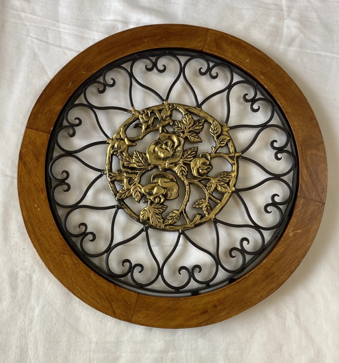 Vintage Ornate Round Wall Medallion Scrollwork Metal & Wood 18” Heavy Well made