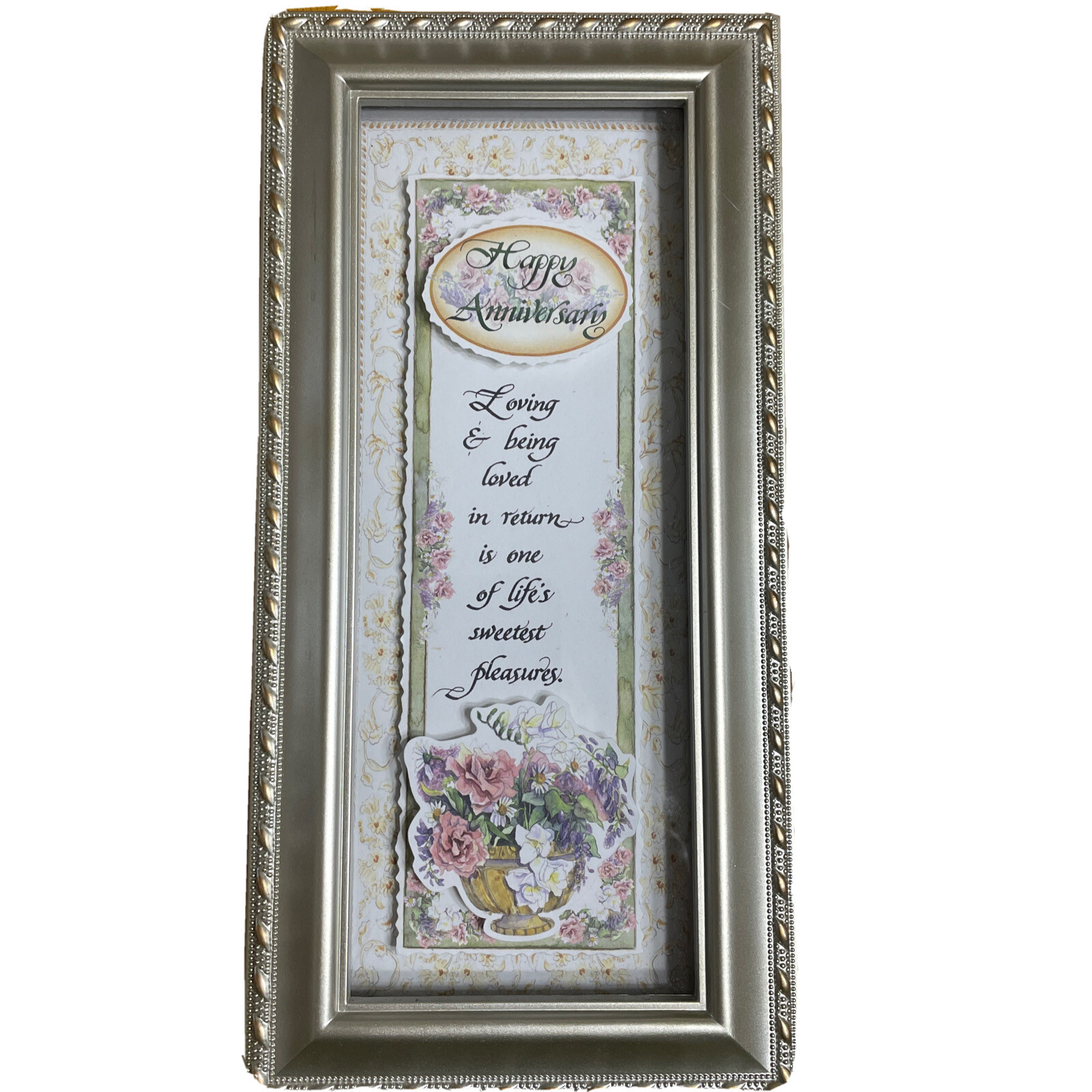 Happy Anniversary Plaque Silver Gold Framed 3D Floral Stand or Hang 11 3/4 x 6″