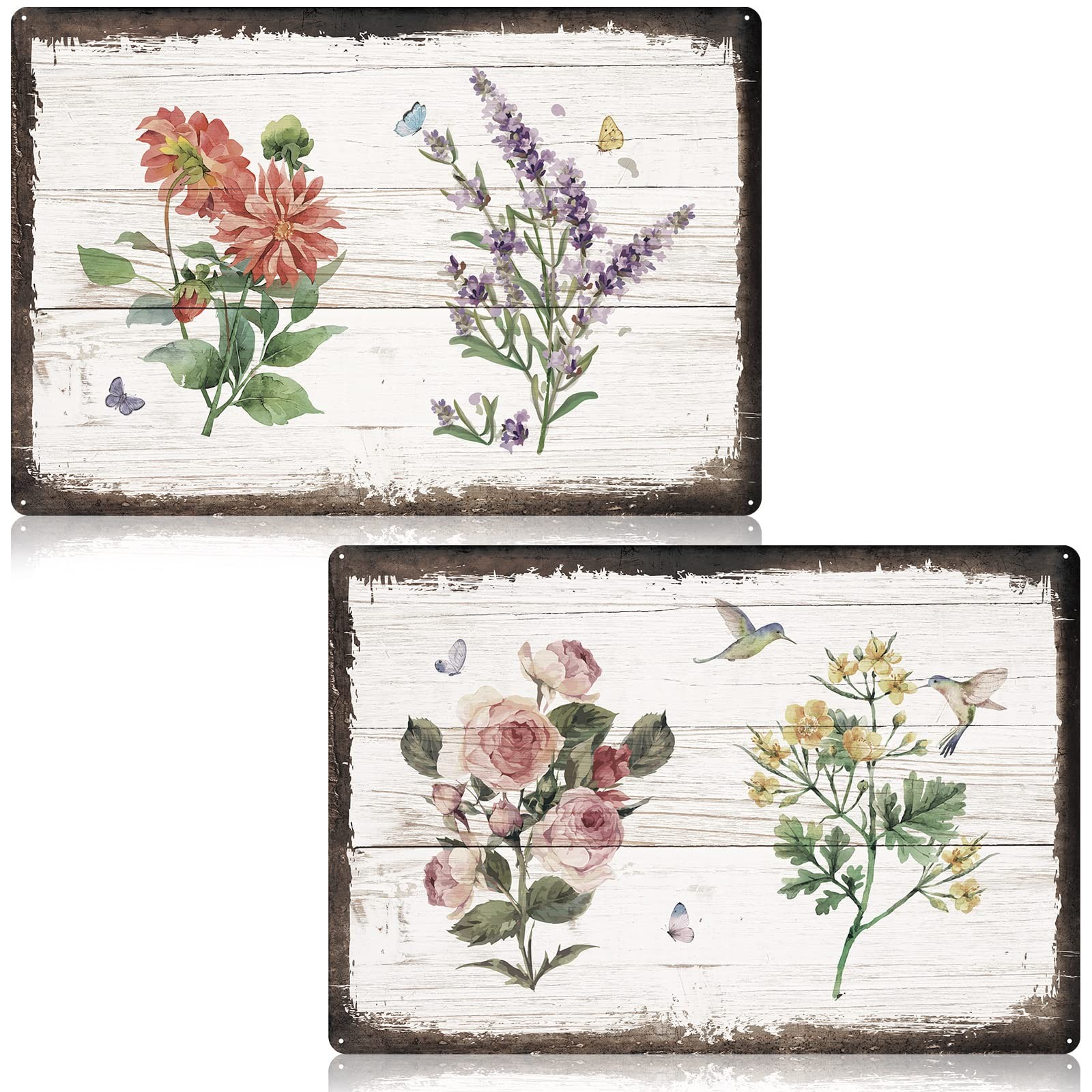 Loopeer 2 Pcs Vintage Flower Metal Tin Signs 12″L x 8″W, Multicolor