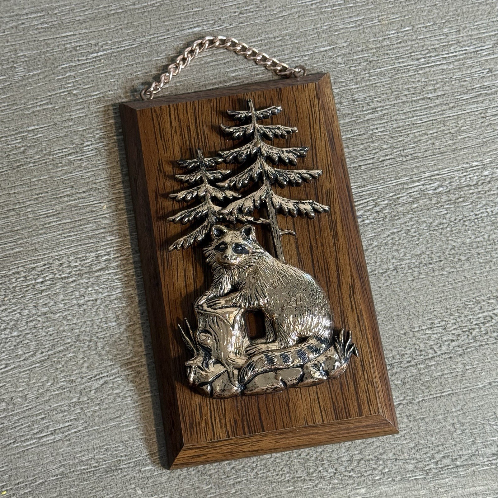 Vintage A&F 3D Copper Tone Raccoon Wood Relief Wall Plaque Canada