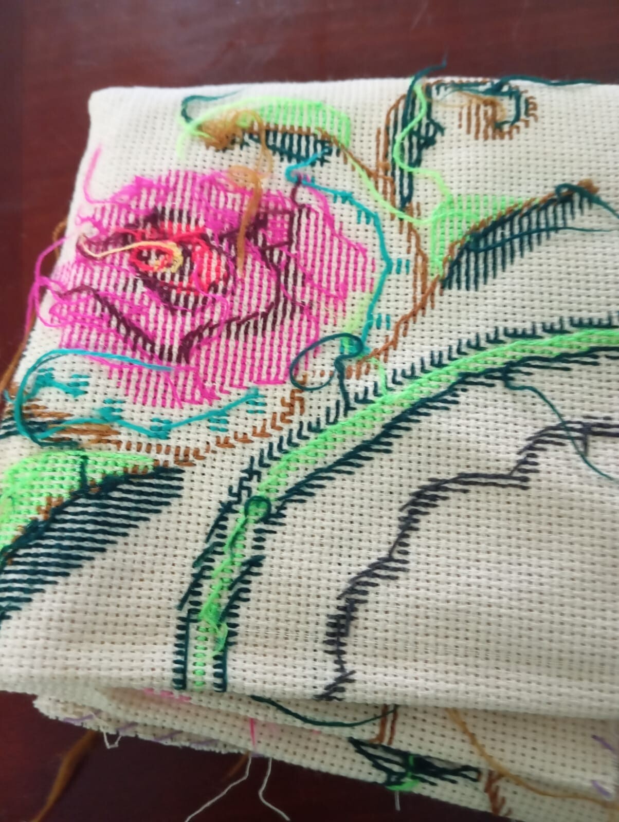 Antique Beige Wall Plaque,Hand Embroidered With Beautiful Fuchsia And Green Rose