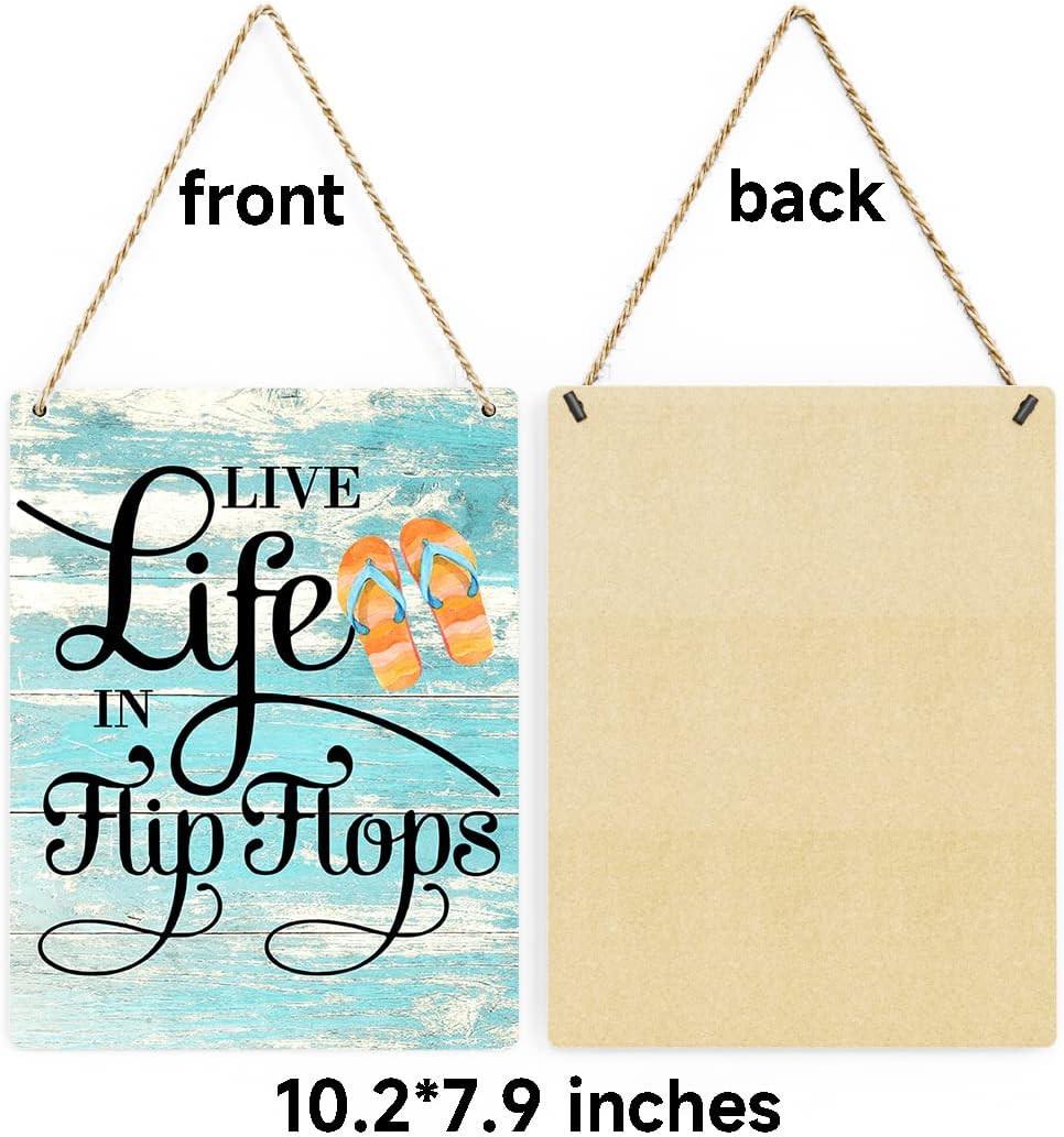 Rustic Live Life in Flip Flops Wood Hanging Sign, Farmhouse Quality Artwork Deco