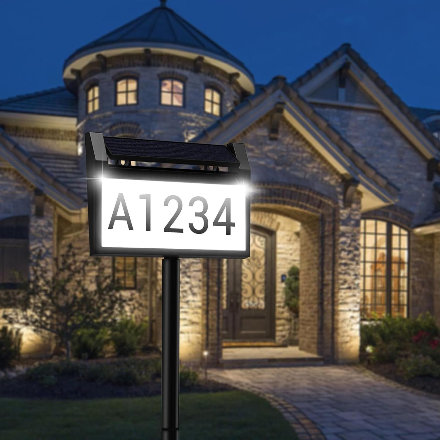 Solar House Number Sign, LED Illuminated Outdoor Address Plaque with Smart Cont