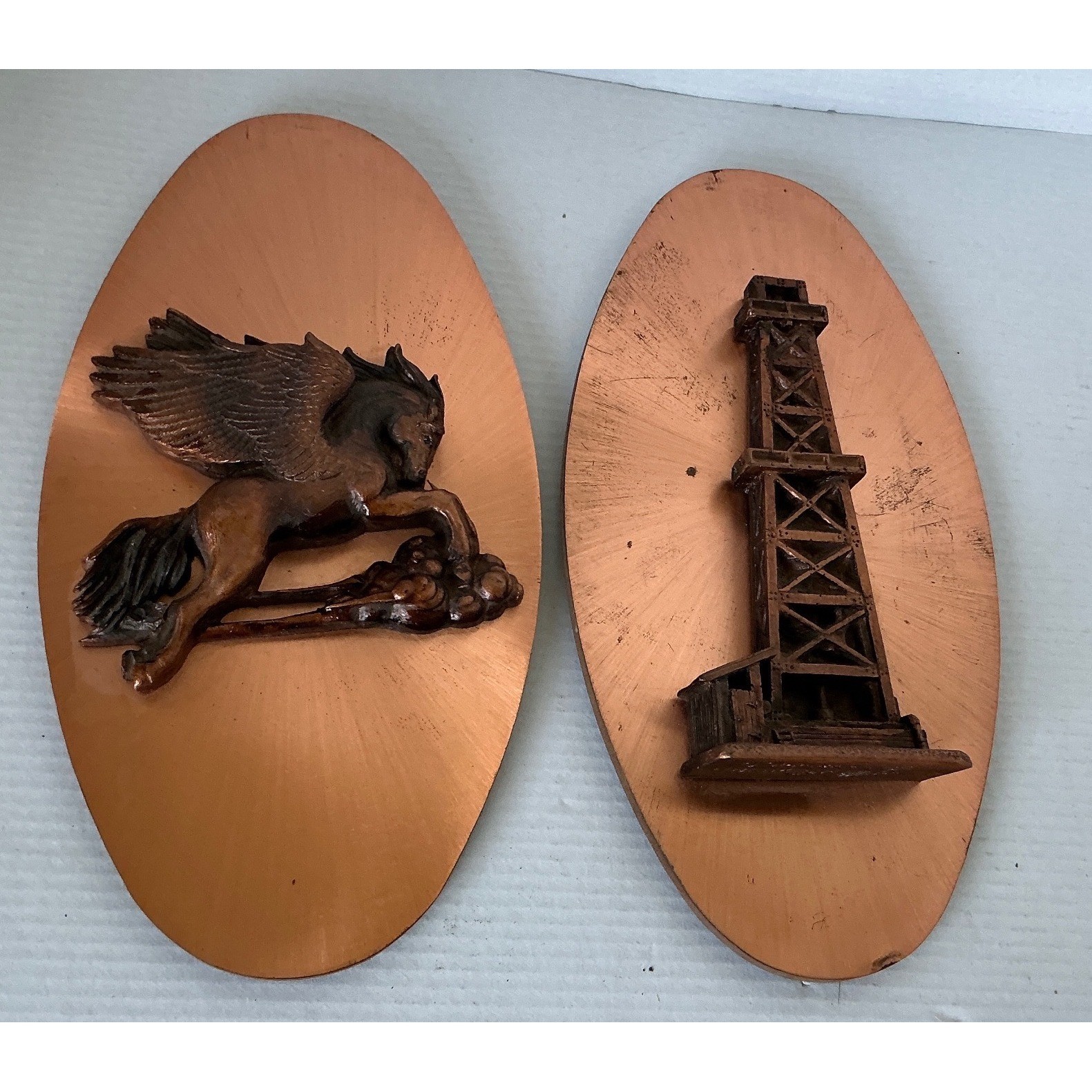 Copperama Vintage Black Gold Oil Derrick Pegasus Wall Art Plaque Set 10″ Mid Mod