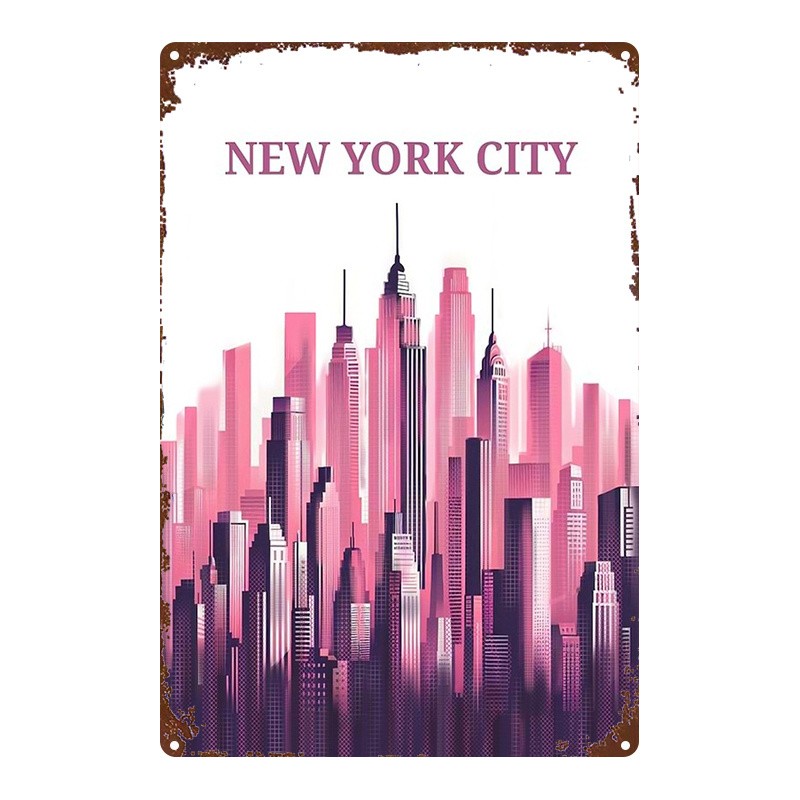 2D Flat, 1pc, Metal Sign, New York City Skyline Pink, Vintage Wall Art for Home