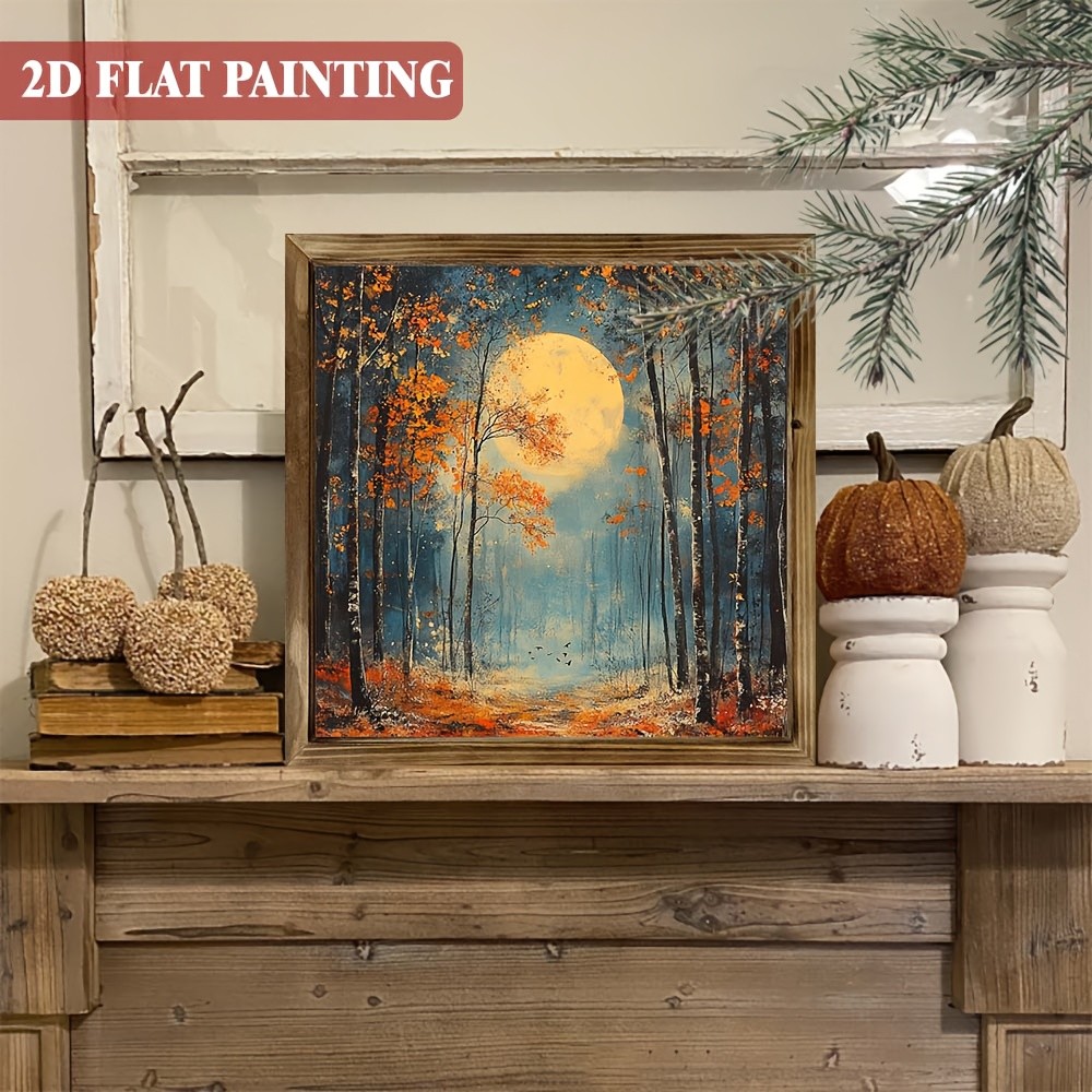 Wooden Frame Print Full Moon Autumn Forest Night Oil Painting Wall Decor
