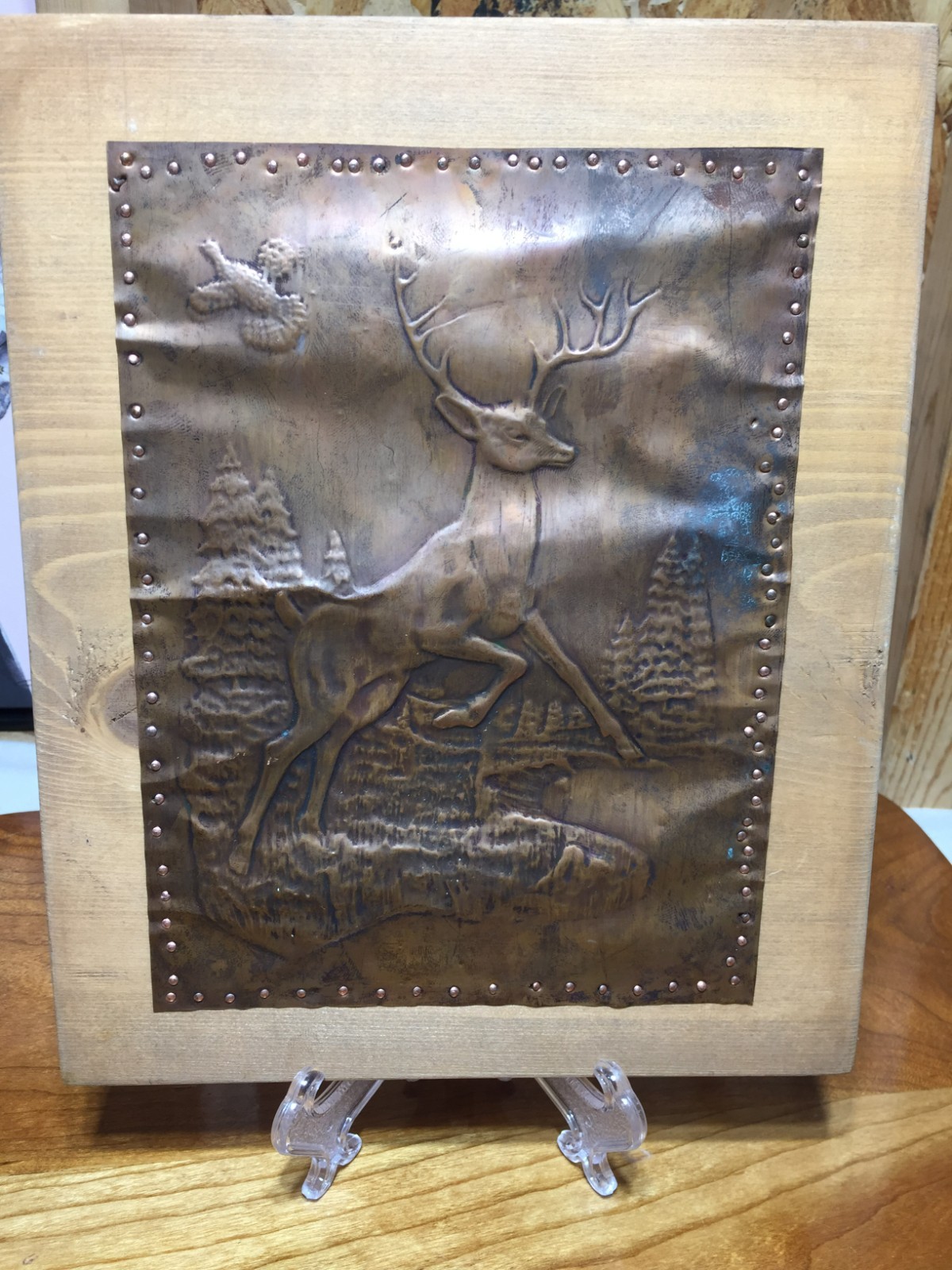 VTG Copper Embossed Plaque On 10X8 Wood Board Jumping Buck Deer Pheasant Trees