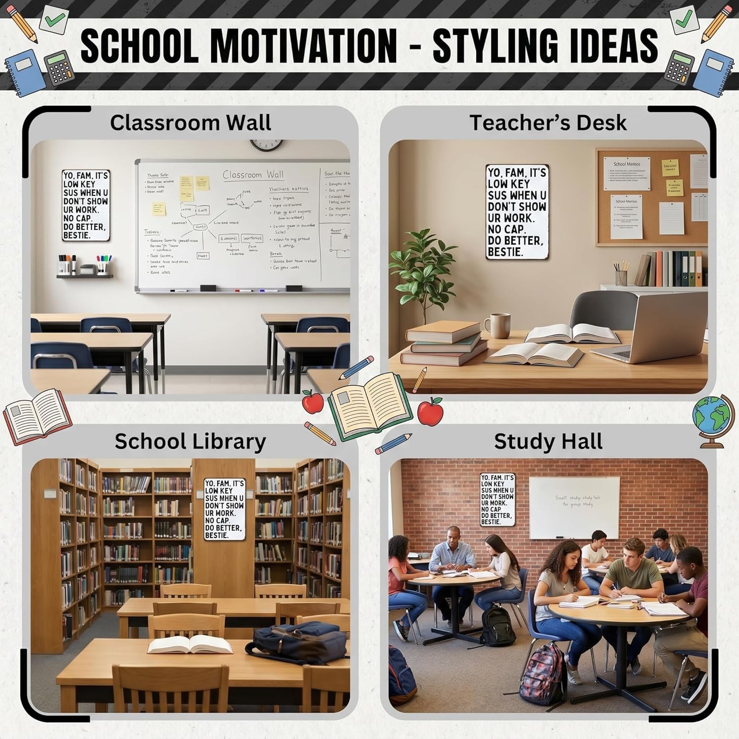 Funny Classroom Tin Sign: ‘It’s Low Key Sus’ for Teachers & Students – 8×12 Inch